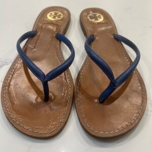 Tory Burch Blue and Tan Sandals with Leather Sole